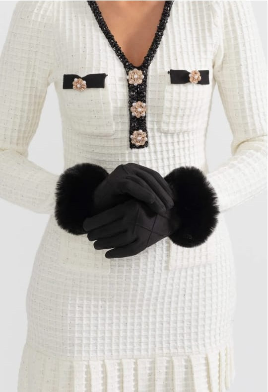 Suede Quilted Gloves With Fur - Black