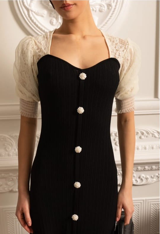 Ankle-Length Dress With Contrasting Sheer Lace Sleeves - Black