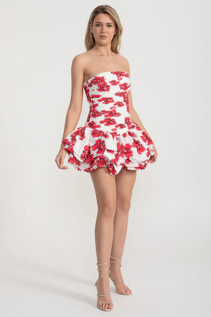 Mini Dress With Ruched Bodice And Voluminous Bubble Hem - White/Red