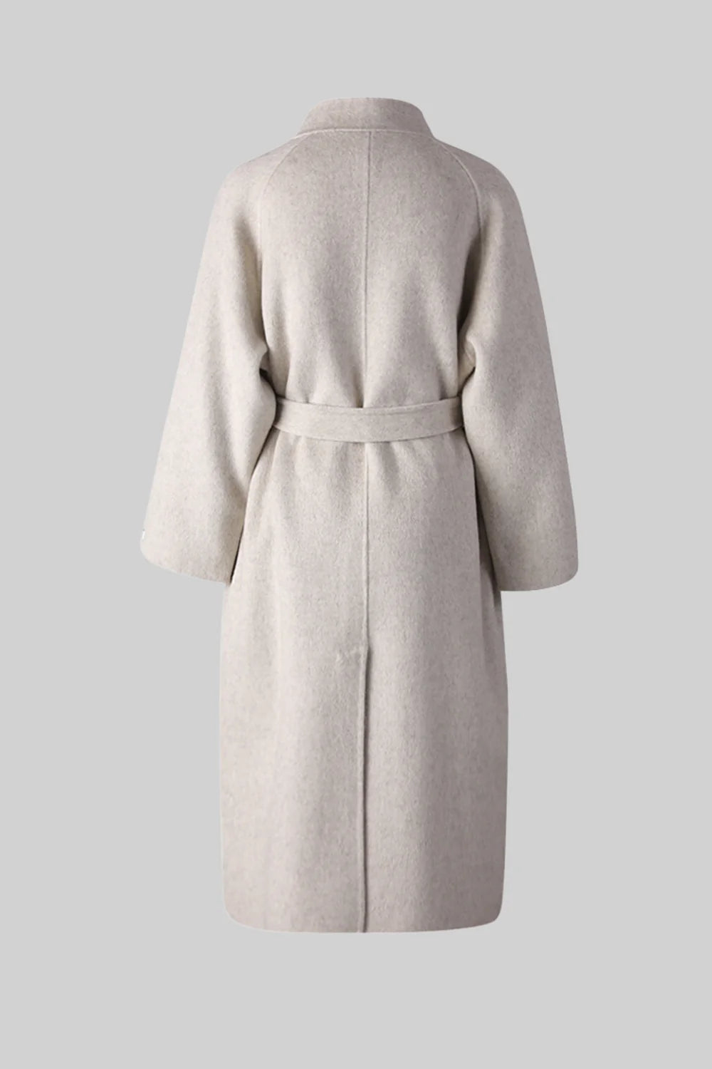 Belted Midi Coat With High Neckline - Beige