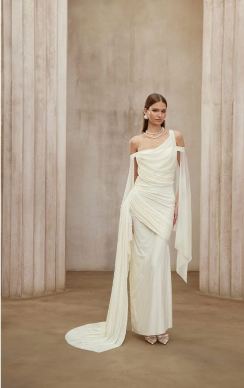 Aurianne White Asymmetrical Draped Maxi Dress