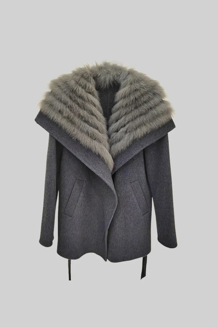 Wool Coat with Oversized Fur Collar And Belt - Gray