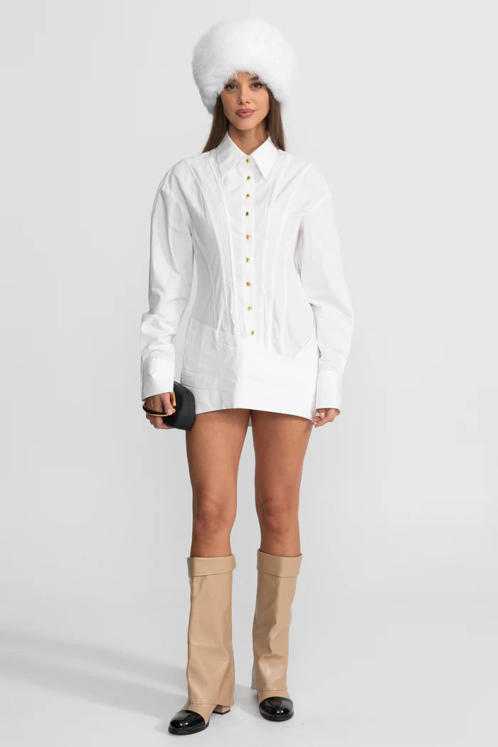 Structured Mini Dress With Gold Button Detailing – White – PALMA PARIS