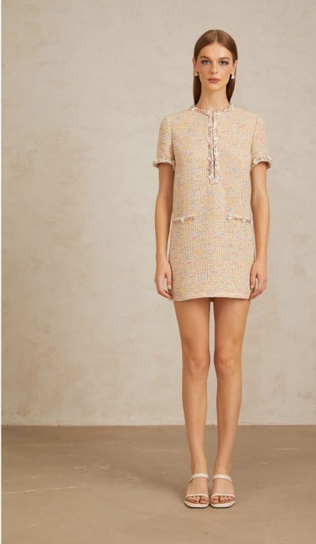 Palme Neutral Embellished Crochet Knit Mini Dress