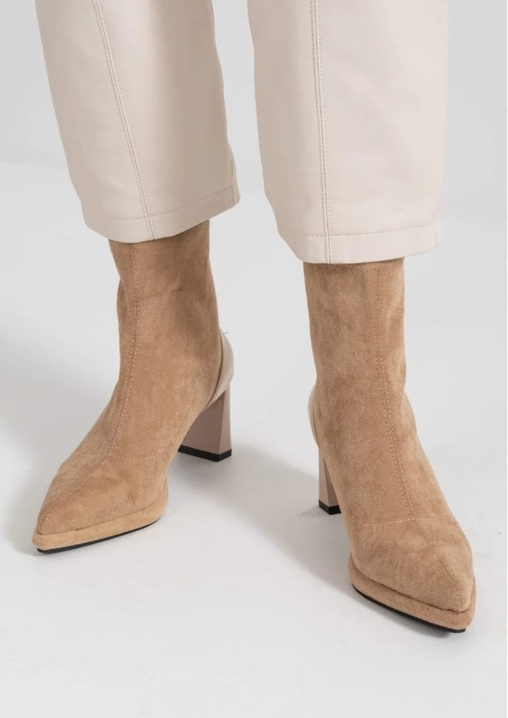 Glossy Heel Suede Ankle Boot - Beige