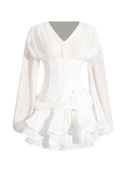 Puff sleeve three-dimensional flower dress