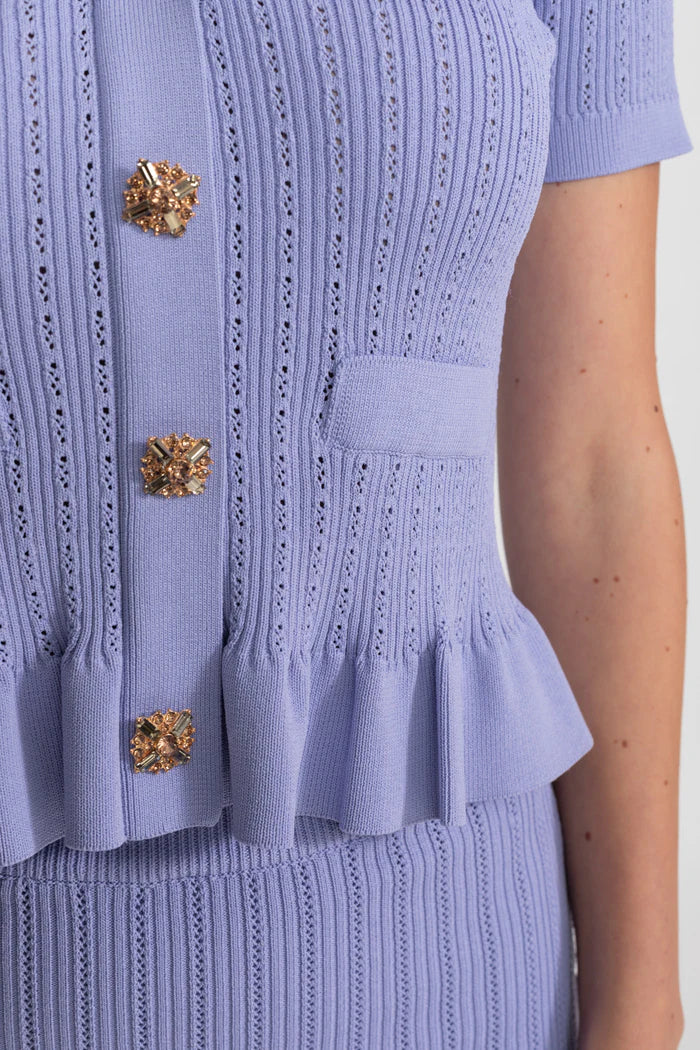 Knit Midi Co-Ord with Peplum Waist and Gold Buttons – Lilac