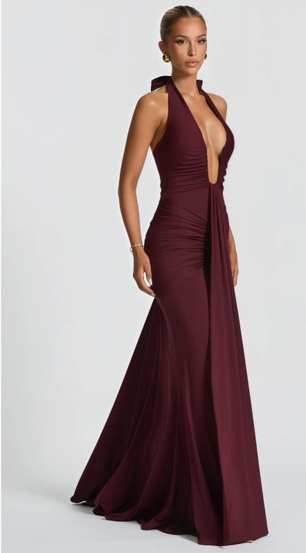 Aiglantine Burgundy Halterneck Ruched Maxi Dress