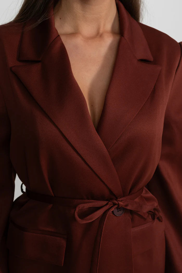 Structured Satin Blazer With Tie Belt - Chestnut Brown