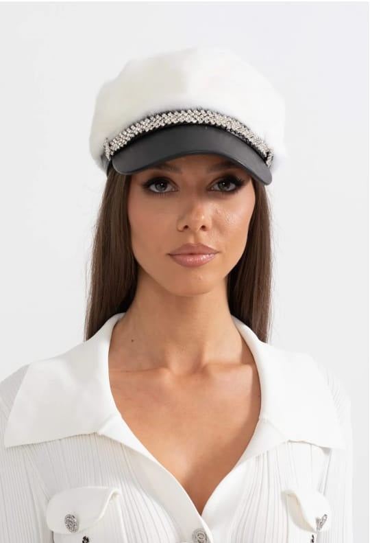 Mink Fur Hat With Leather Visor - White