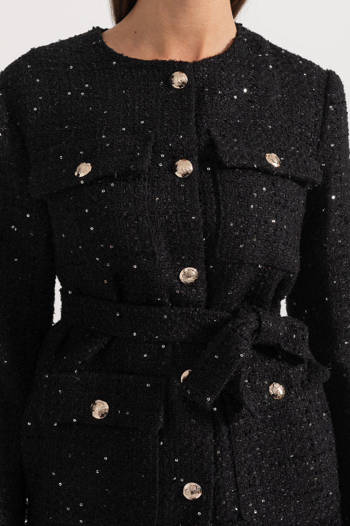 Elegant Tweed Blazer With Waist Belt - Black