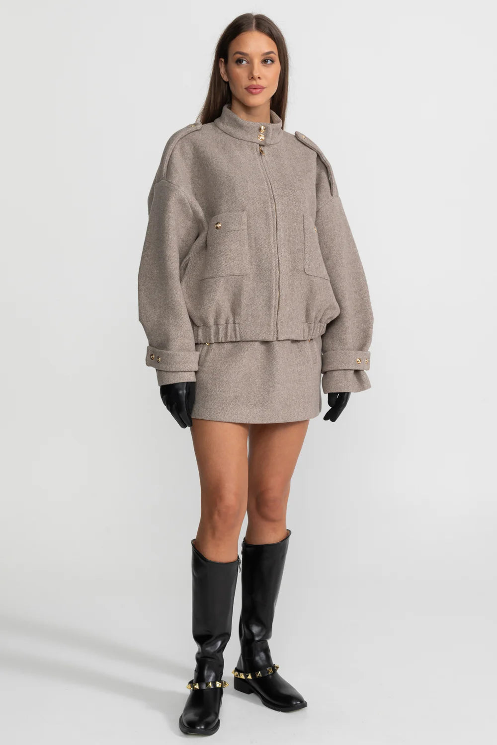 Structured Wool Bomber Jacket and Mini Skirt Co-Ord Set – Taupe