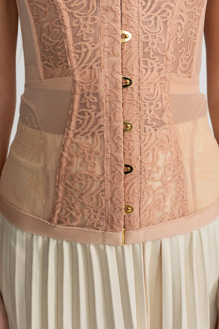 Strapless Lace Corset Top with Boning and Front Closure - Nude