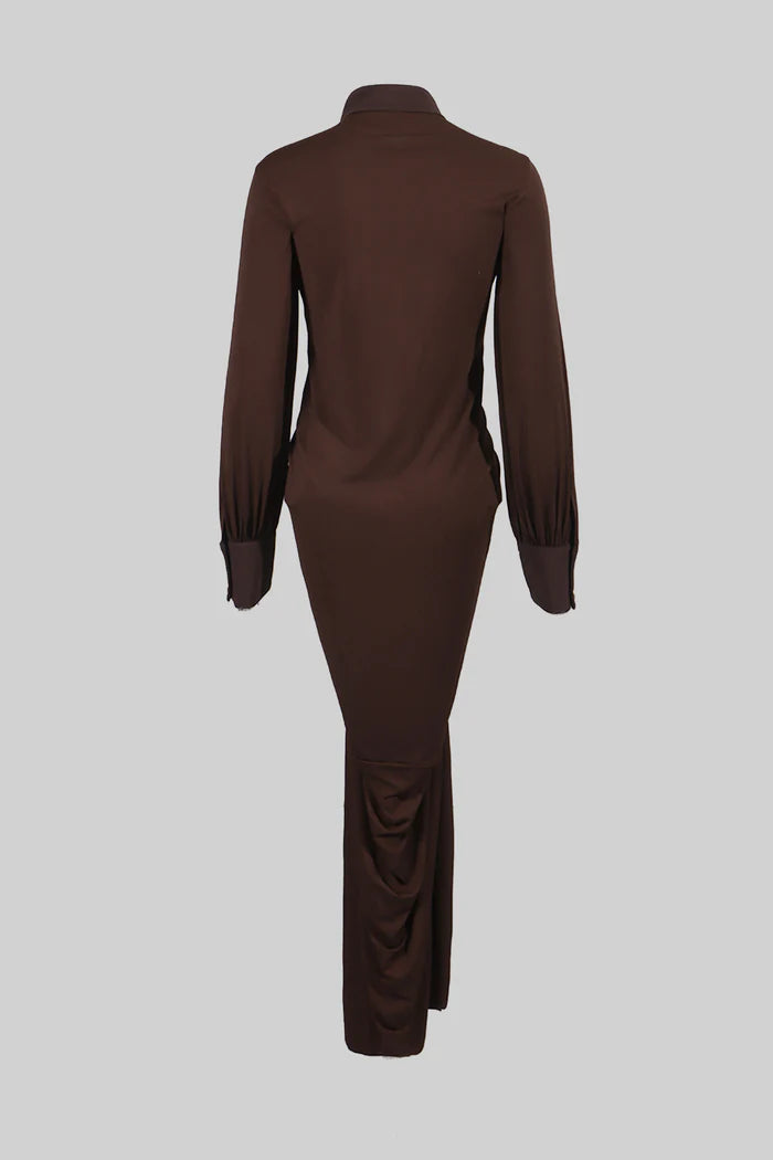 Velvet Maxi Dress with Gold Statement Buttons - Brown