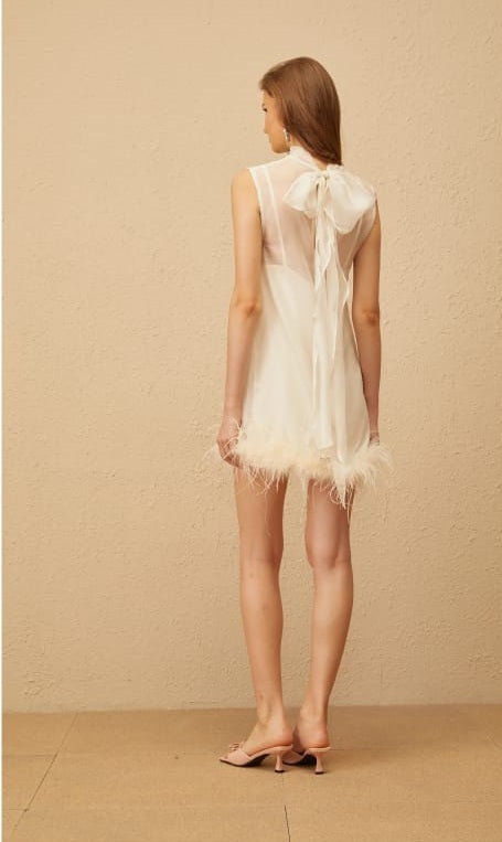Adrienne White Feather Trim Mini Dress