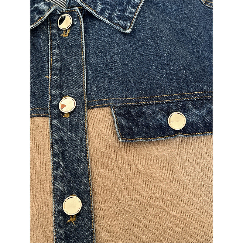 Denim Patchwork Lapel Knitted Jacket