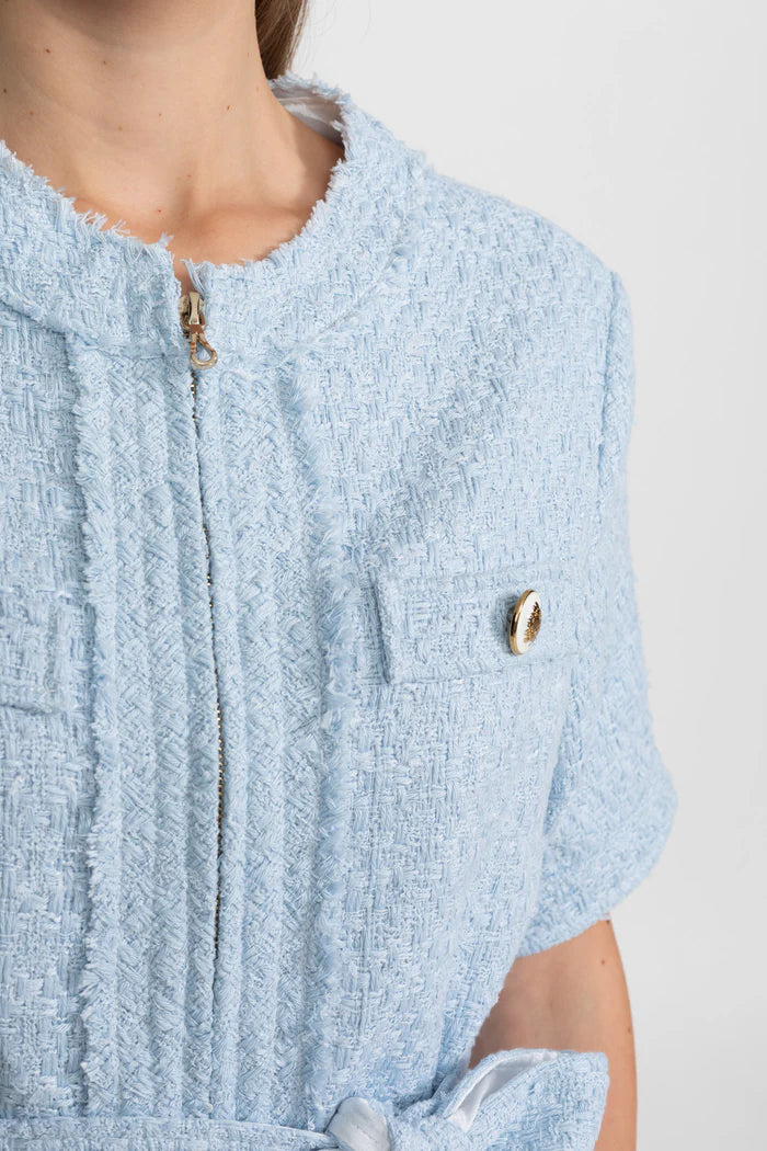 Belted Tweed Jacket Dress With White Pleated Hem – Powder Blue