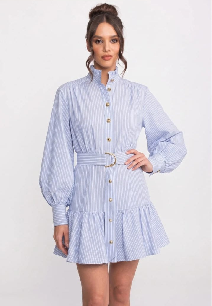 Striped Belted Mini Dress With High Neck And Balloon Sleeves - Blue