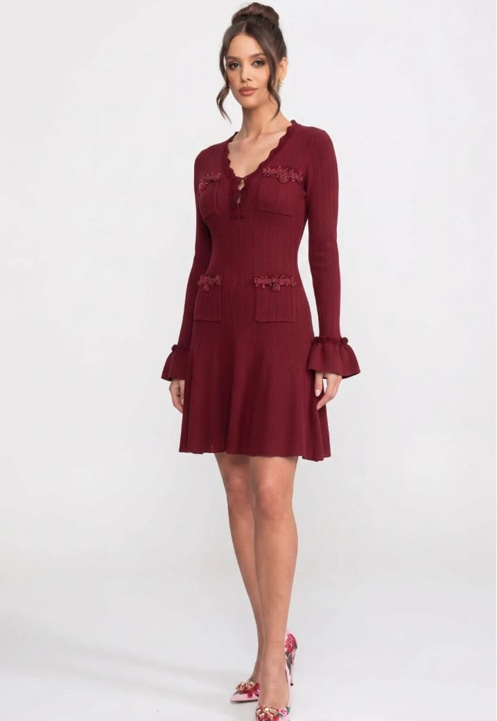 Long-Sleeve V-Neck Knit Mini Dress With Ruffle Hem And Bow Cuffs - Burgundy