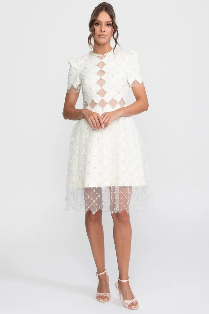 Diamond Cut-Out Beaded Dress With Pearl Trim - White