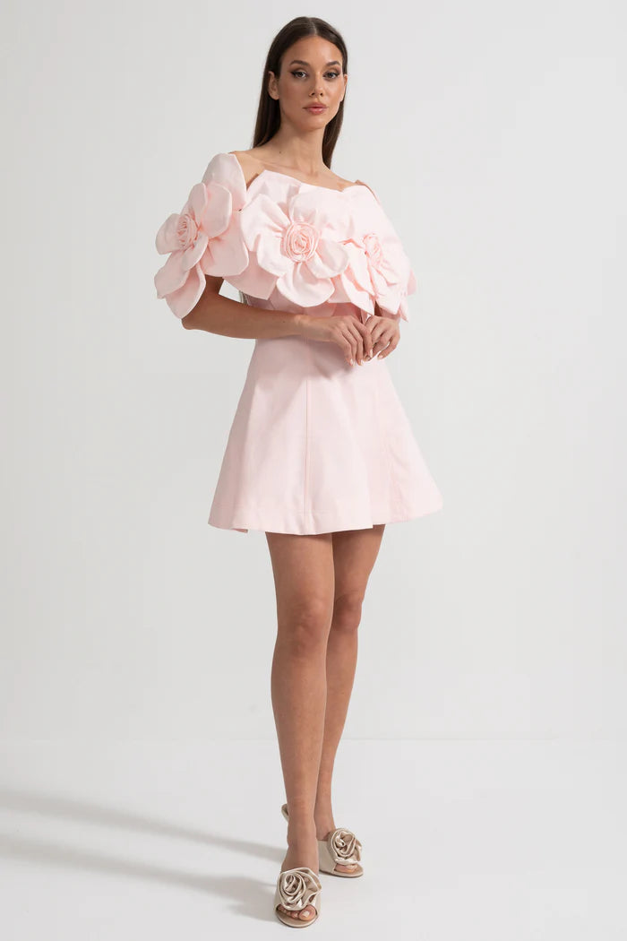 Off-Shoulder Mini Dress With Large Fabric Floral Accents