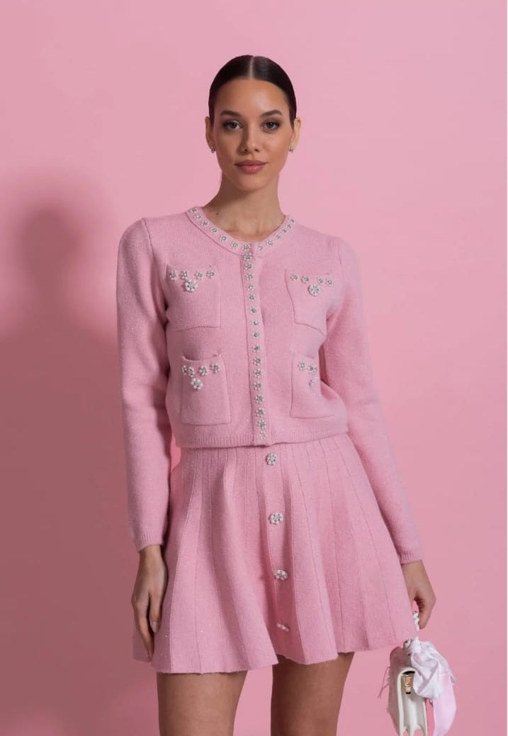 Knit Co-Ord Set With Long Sleeve Cardigan And Matching Mini Skirt - Blush Pink