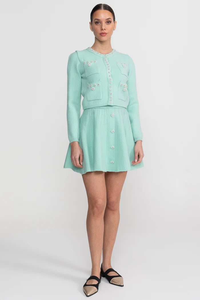 Knit Co-Ord Set With Long Sleeve Cardigan And Matching Mini Skirt - Teal