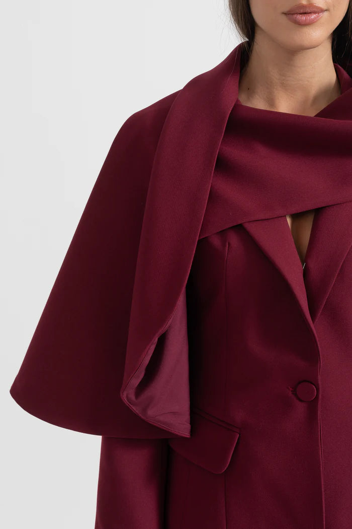 Modern Blazer With Asymmetrical Draped Scarf - Burgundy