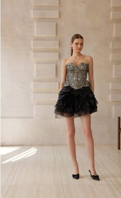 Lyra Black Lace Top & Tiered Skirt Set