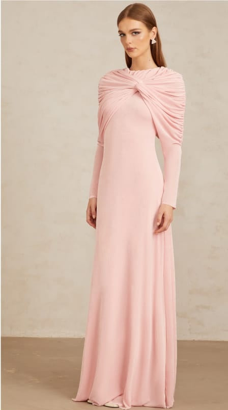 Moderne Pink Shawl Panel Ruched Maxi Dress
