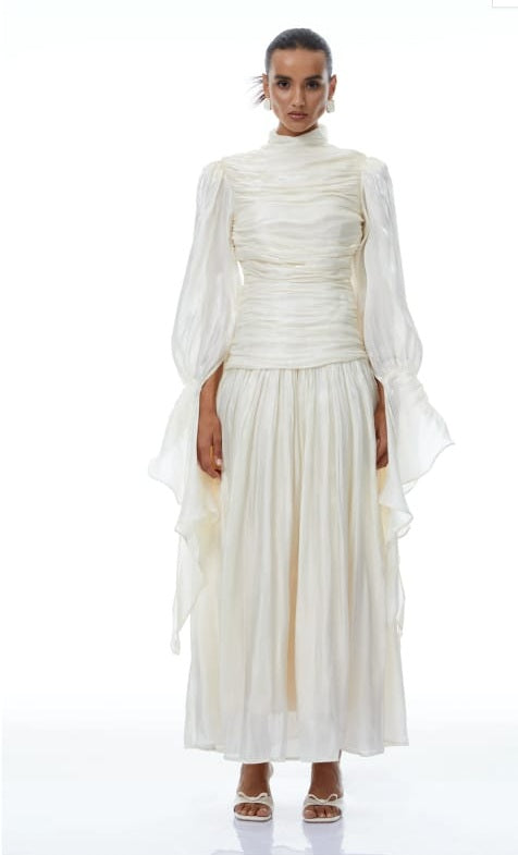 Sarolta Neutral Glossy Ruched Maxi Dress