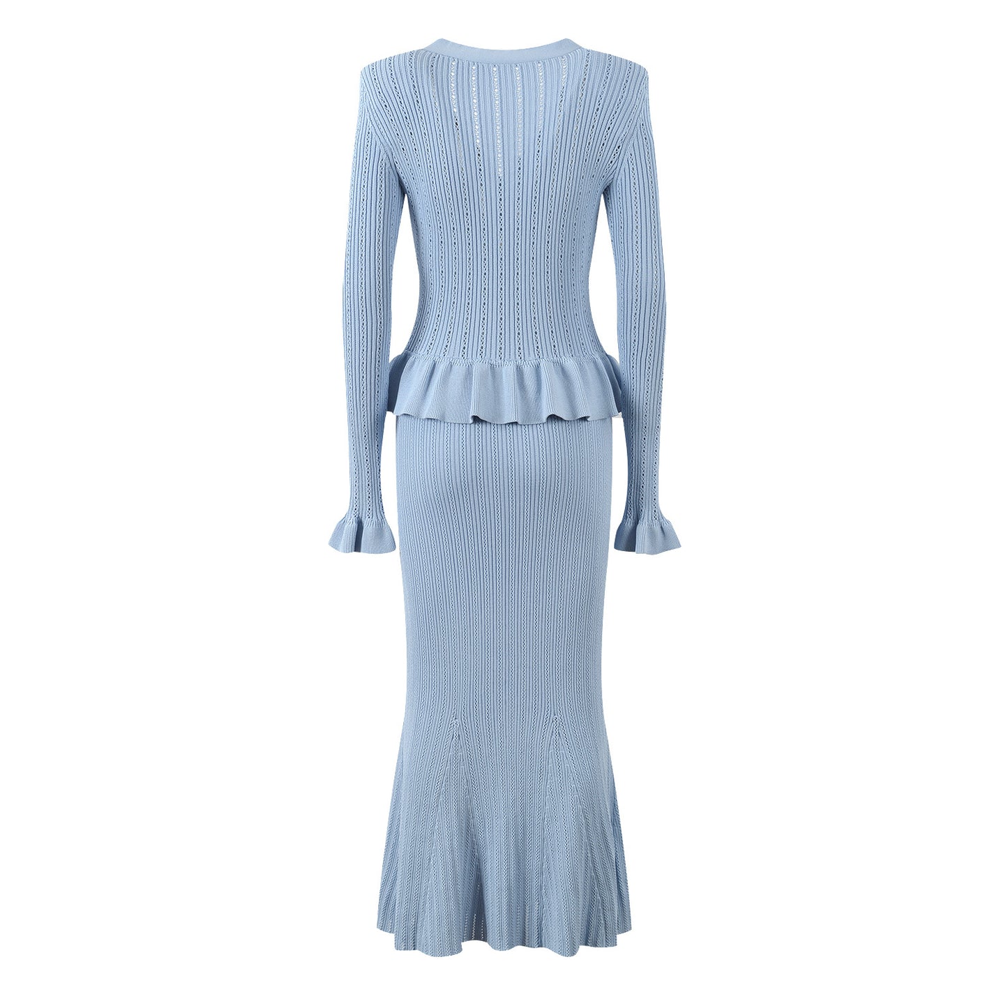 V-neck knitted ruffle panel slim midi fishtail dress