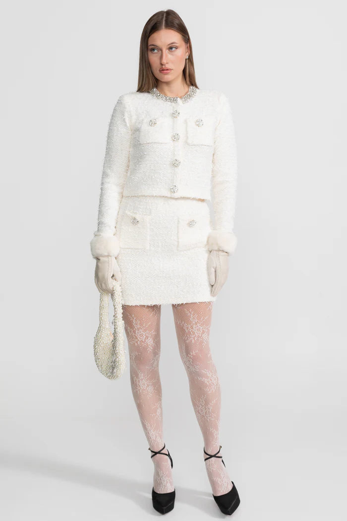 Tweed Blazer With Crystal Embellishments And Buttons - Ivoire