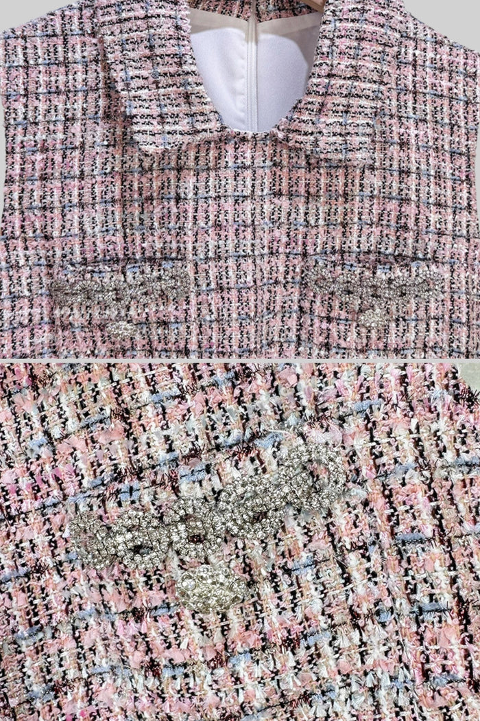 Tweed Vest Dress with Pleated Skirt Detail - Pink/White