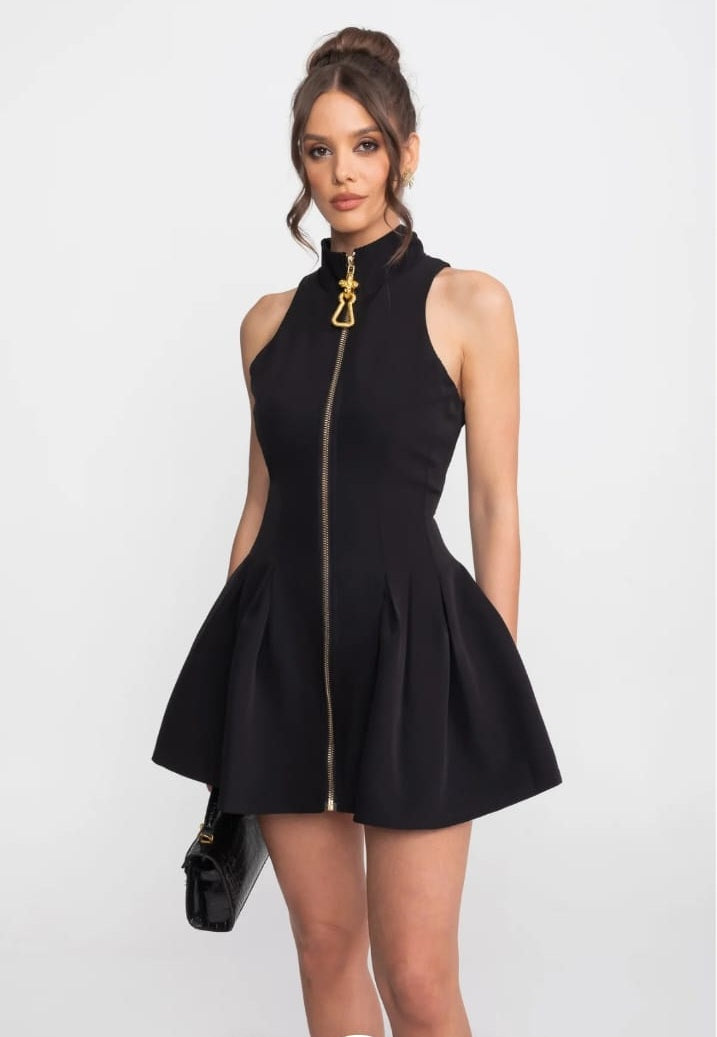 Sleeveless Mini Dress With Gold Front Zipper - Black