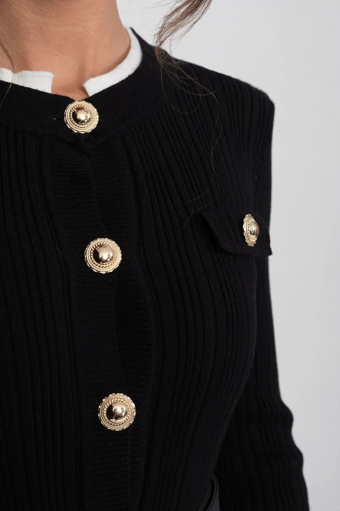 Ribbed Knit Midi Dress With White Cuffs And Collar - Black
