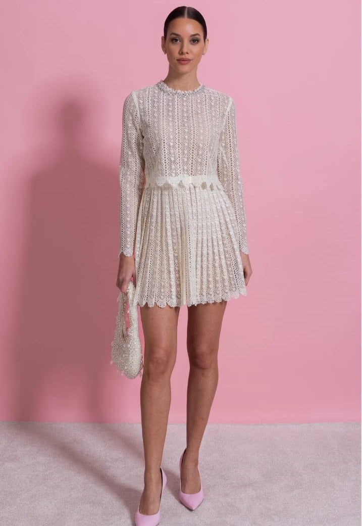 Lace Mini Dress With High Neck And Pleated Skirt - Ivory