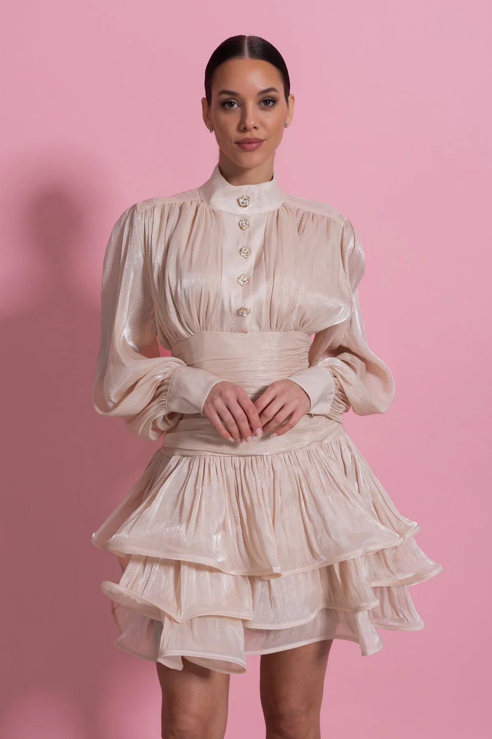 Draped Long Sleeve Mini Dress With Tiered Ruffle Skirt - Champagne