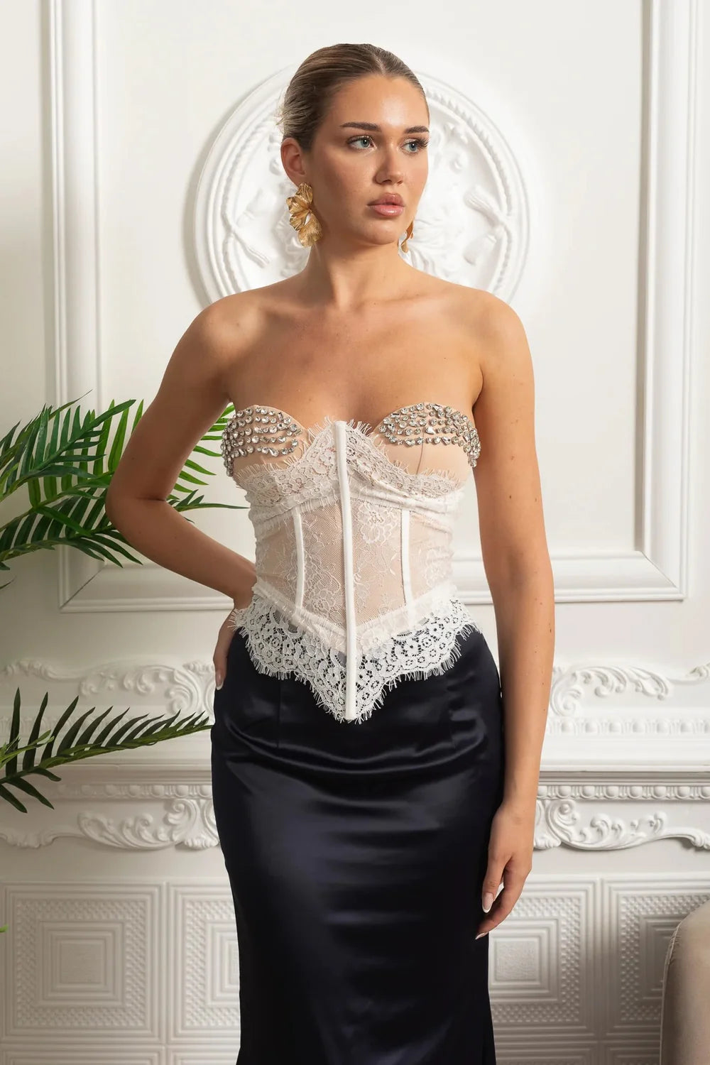 Lace Bustier Top With Crystal Embellished Cups - Ivoire