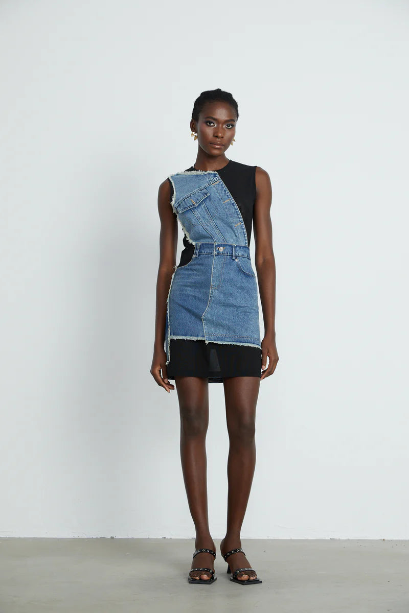 Lana denim patchwork sleeveless dress
