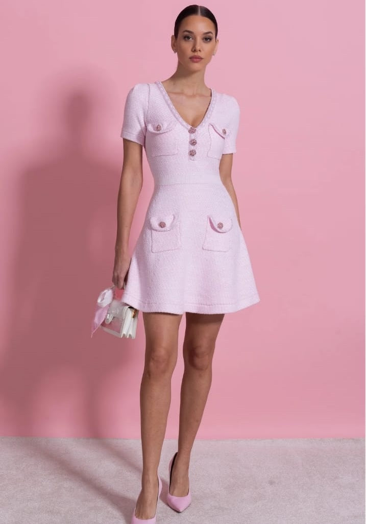 Short Textured Short Sleeve Dress with V-Neckline and Jeweled Buttons - Pink