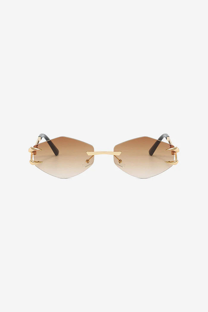Rimless Geometric Sunglasses with Spiked Gold Temples – Brown
