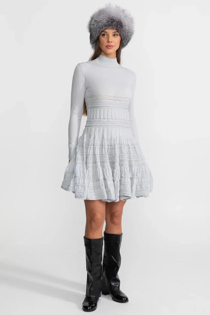 Textured Knit Mini Dress with Flared Skirt - Light Gray