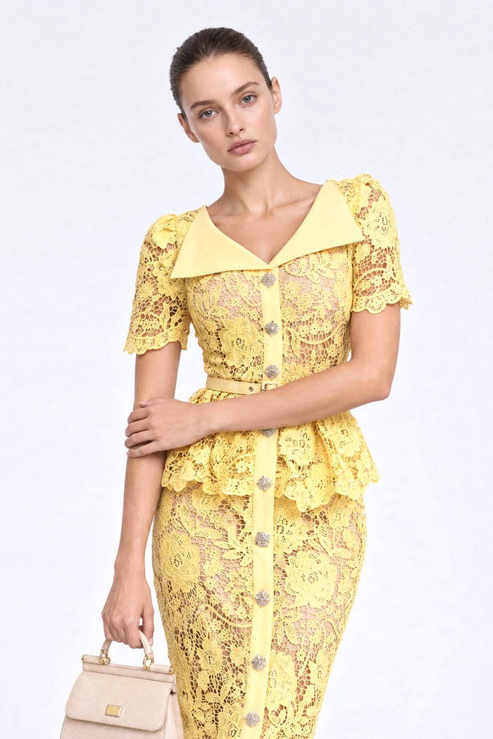 Crystal-Button Lace Peplum Midi Dress - Yellow