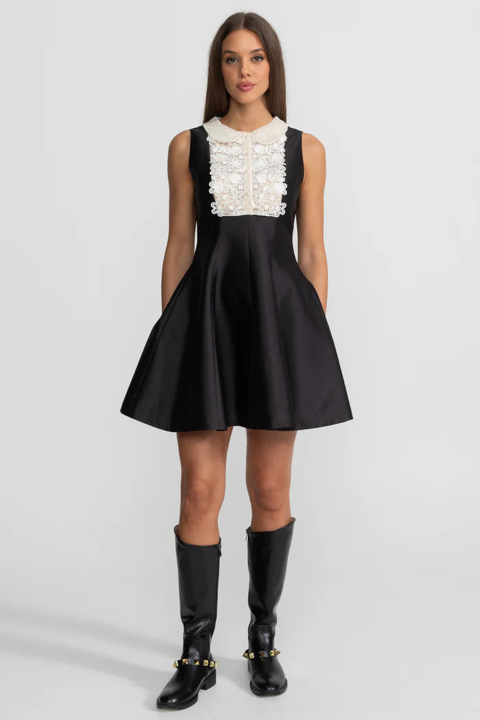 A-Line Mini Dress with Lace Bib – Black