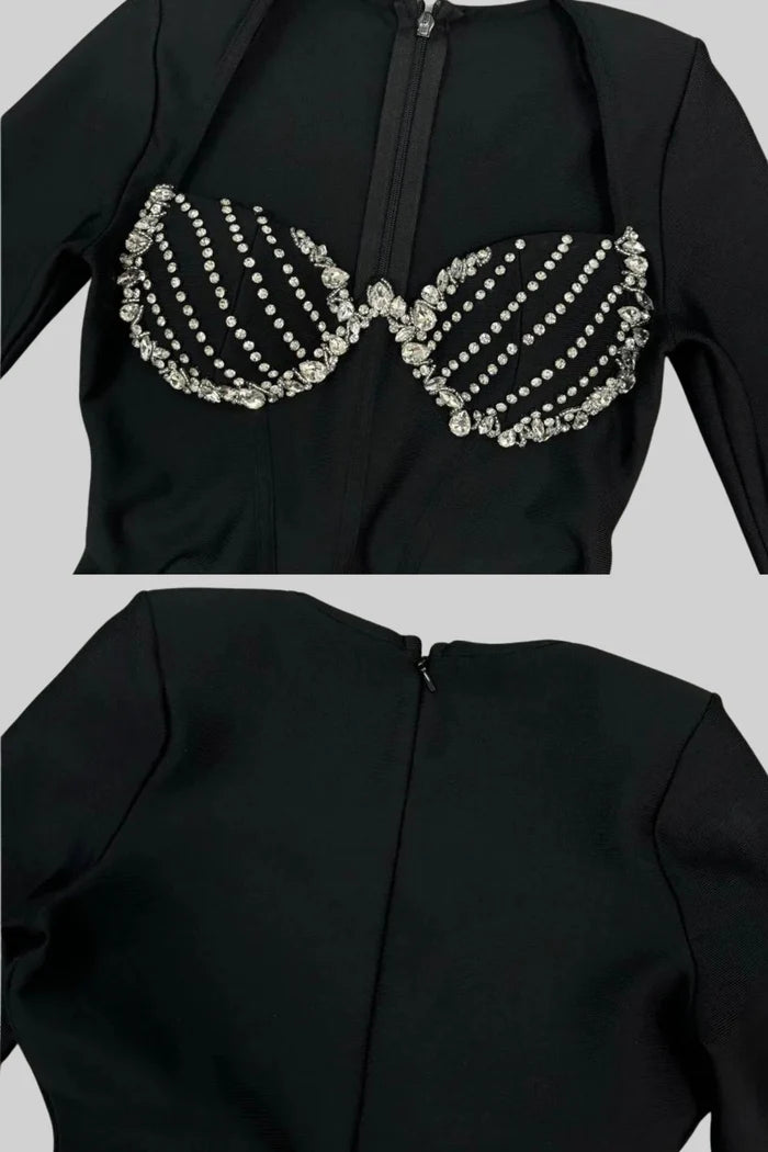 Crystal Embellished Corset Gown With Structured Bustier Bodice – Black