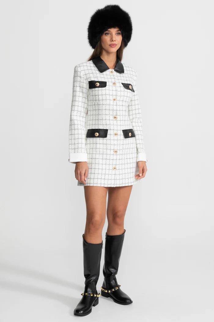 Long Sleeve Tweed Mini Dress With Contrasting Leather Details – White And Black