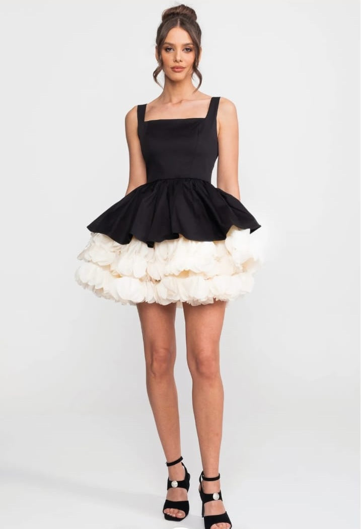 Strapless Mini Dress With Square Neckline And Ruffled Skirt Underlay - Black