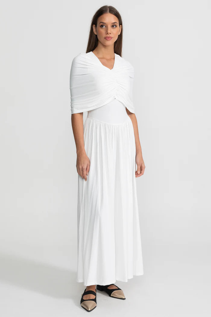 Gathered Jersey Maxi Dress with Cape Effect - White