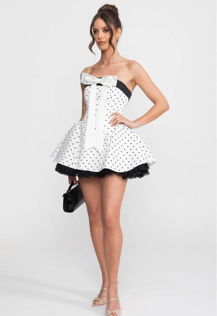 Strapless Velvet Mini Dress With Satin Bow And Ruffle Hem - White